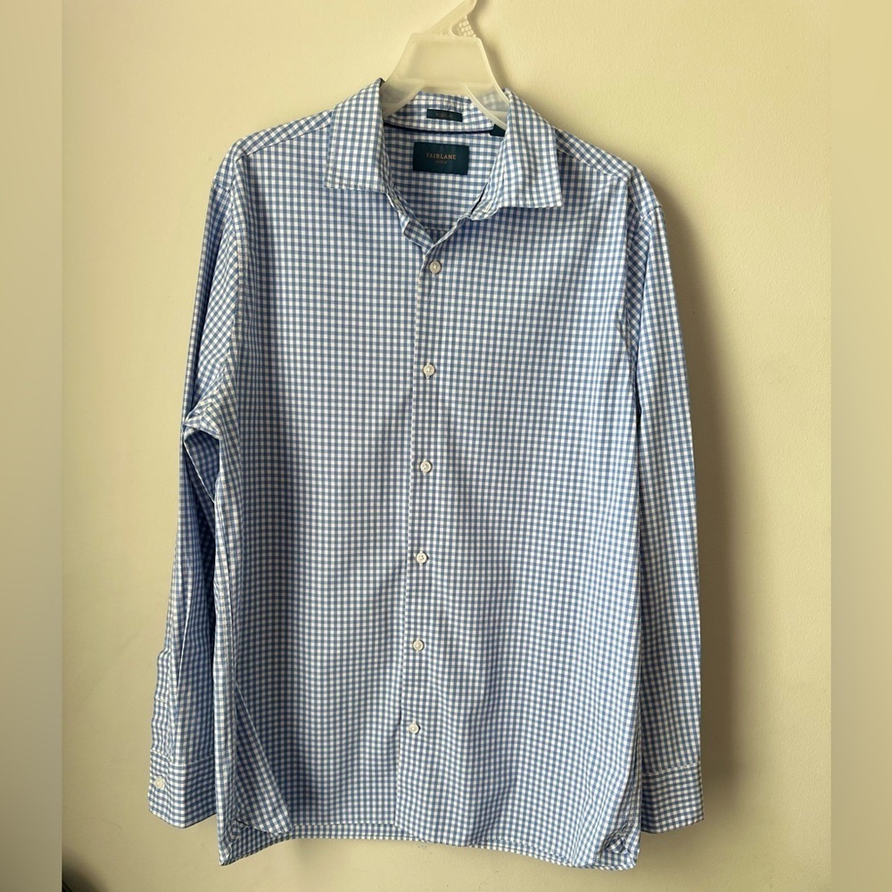 Fairlane Regular Stretch Men’s Plaid Shirt Button Down Blue & White Size Large